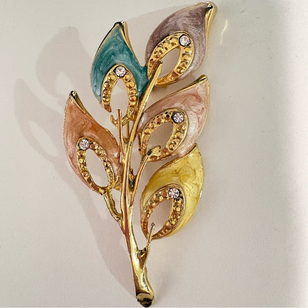 Elegant Multicolor vintage 1980s enameled Leaf Brooch